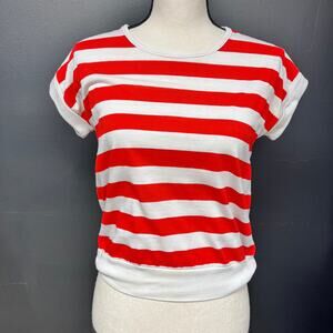 vintage women's LG 1980's short sleeve red white stripe cuffed jersey tee shirt